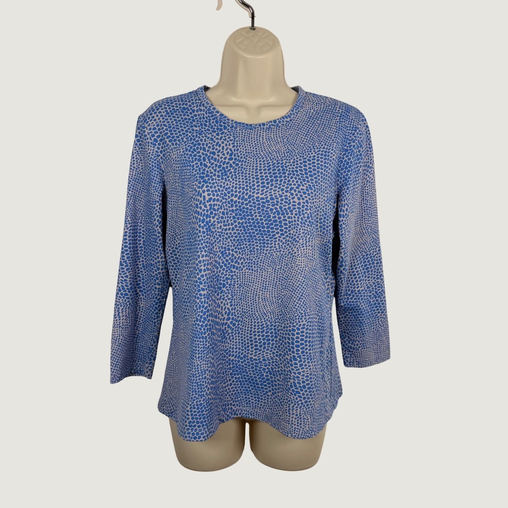 J McLaughlin Large Blue Grey Animal Print Catalina Cloth 3/4 Sleeve Top Preppy